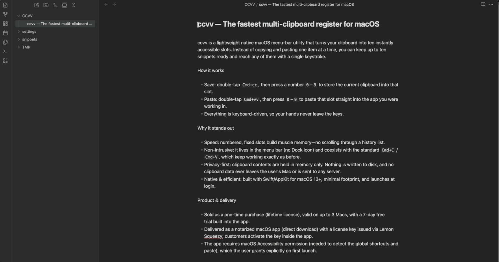 ccvv demo — save with Cmd+cc, paste with Cmd+vv